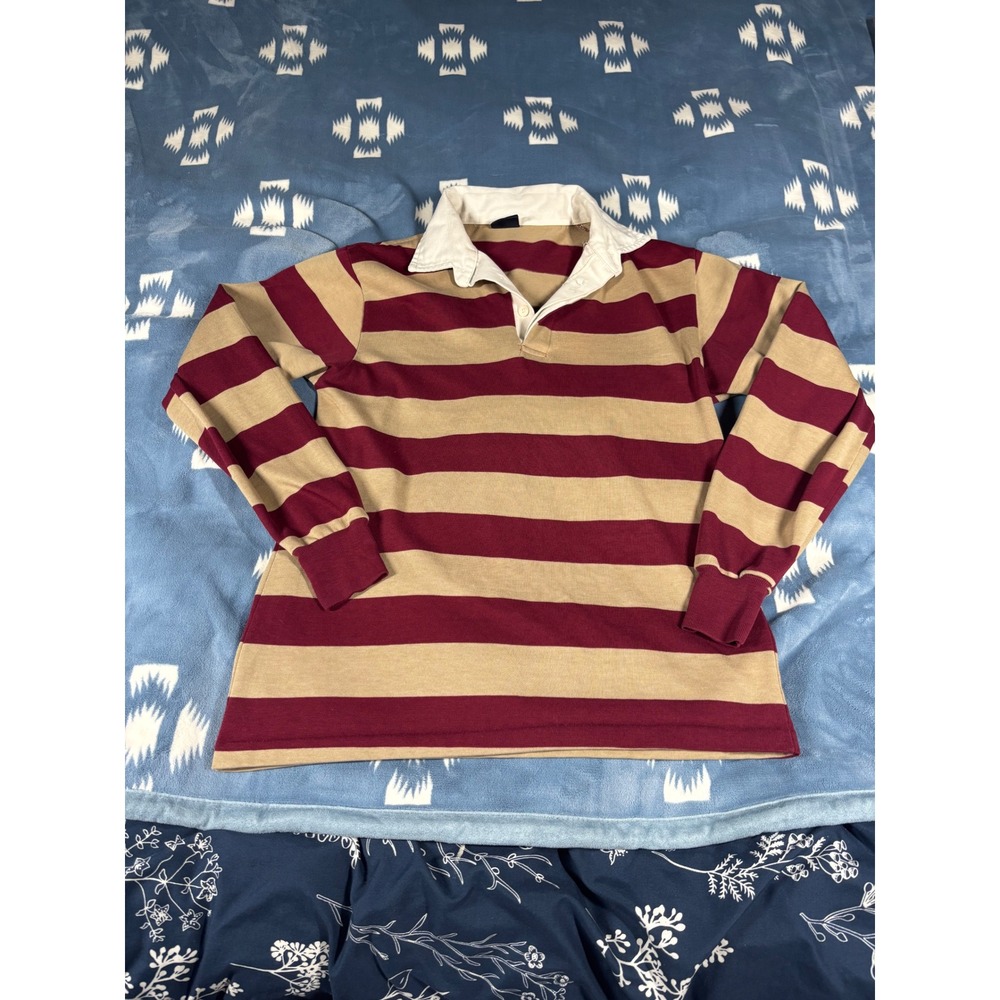 vintage 70s 80s Levis Mens Striped Rugby Shirt Long Sleeve Burgundy Tan M